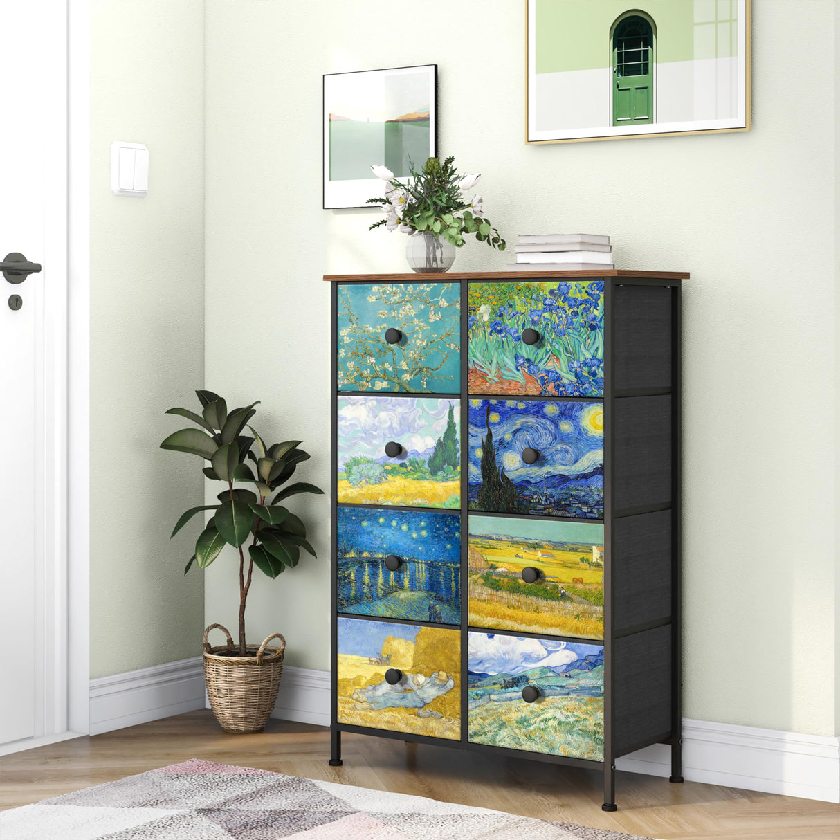 Tall Dresser with 8 Drawer for Bedroom Narrow Van Gogh Chest of Drawers for Hallway