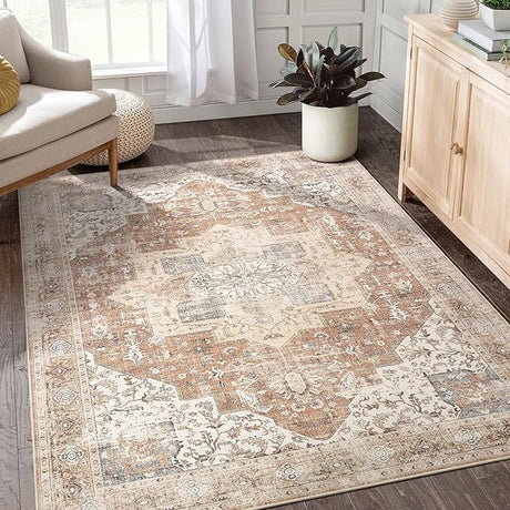 Rug 9x12 Area Rugs: Boho Vintage Distressed Oriental Medallion Neutral Thin Large Rug