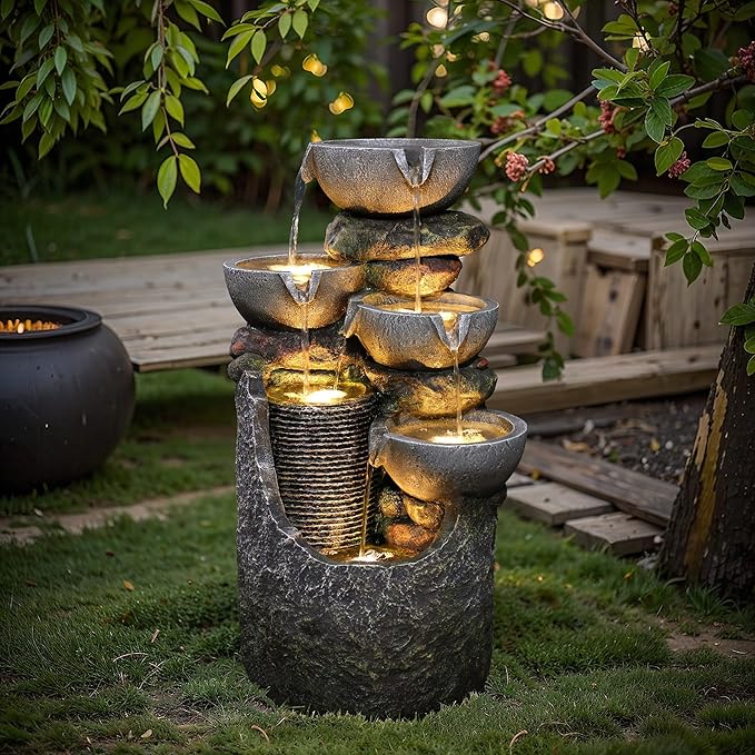 30 Inch Tall Outdoor Water Fountain, 4 Tiers Cascading Pots & Rock Cascading