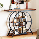 41.3" Industrial Console Table with Circle Base, 5-Tier Rustic Brown Sofa Table