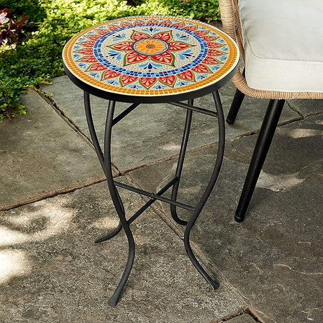 29-KY03WH Accent Side Table - Small, Colorful Mosaic Design, Rust-Resistant Steel Frame