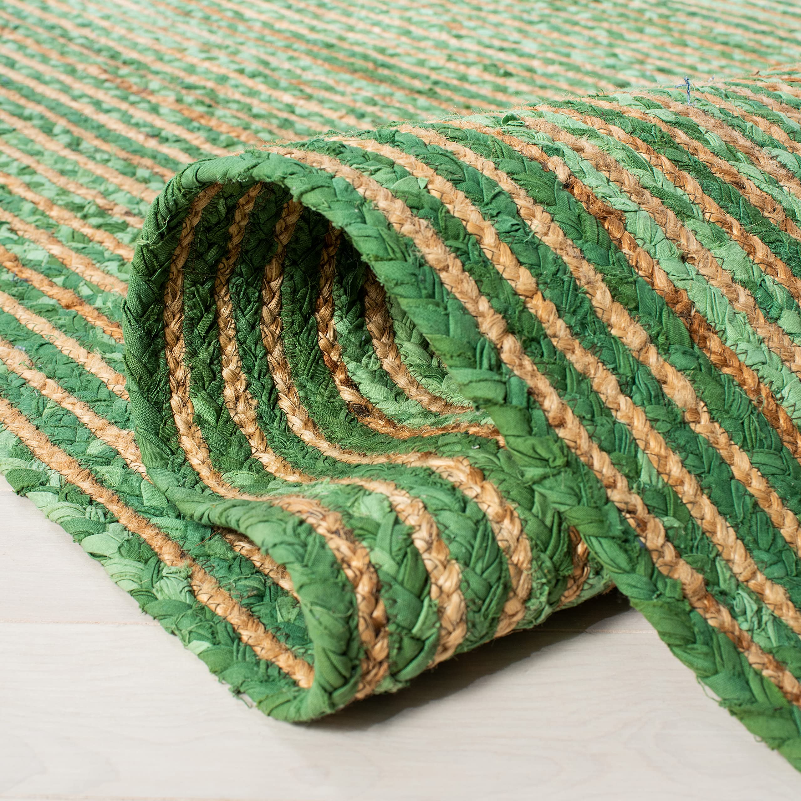 Cape Cod Handmade Jute & Cotton Area Rug 10x14 - Green & Natural Braided Design
