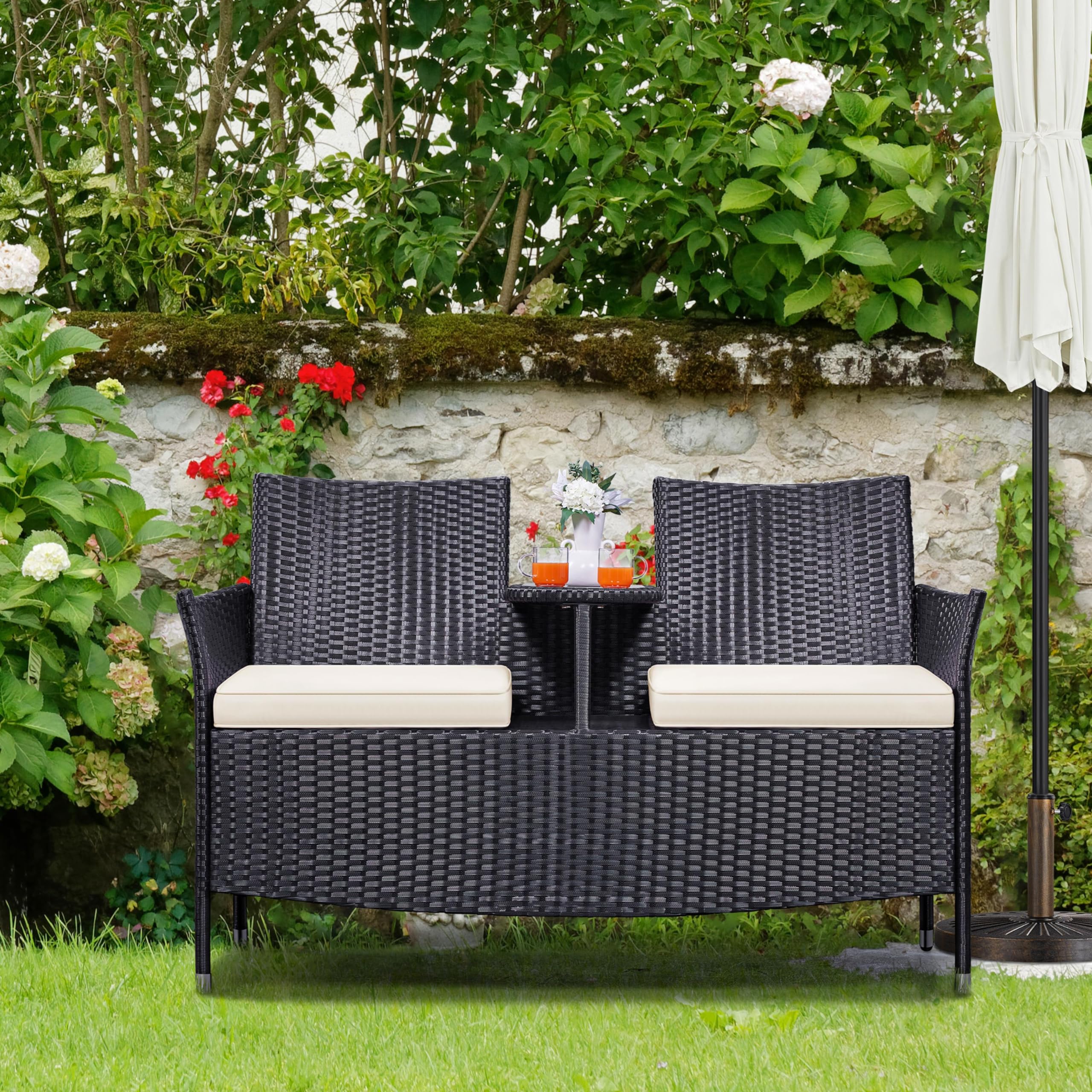 Patio Loveseat, Outdoor Wicker Double Chair w/Side Table, PE Rattan Furniture Set