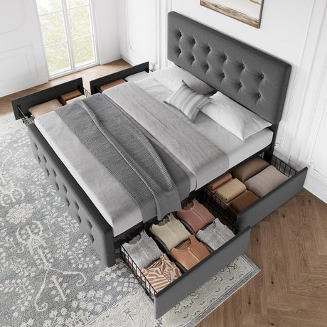 Full Size Bed Frame with 4 Storage Drawers and Adjustable Headboard, Upholstered