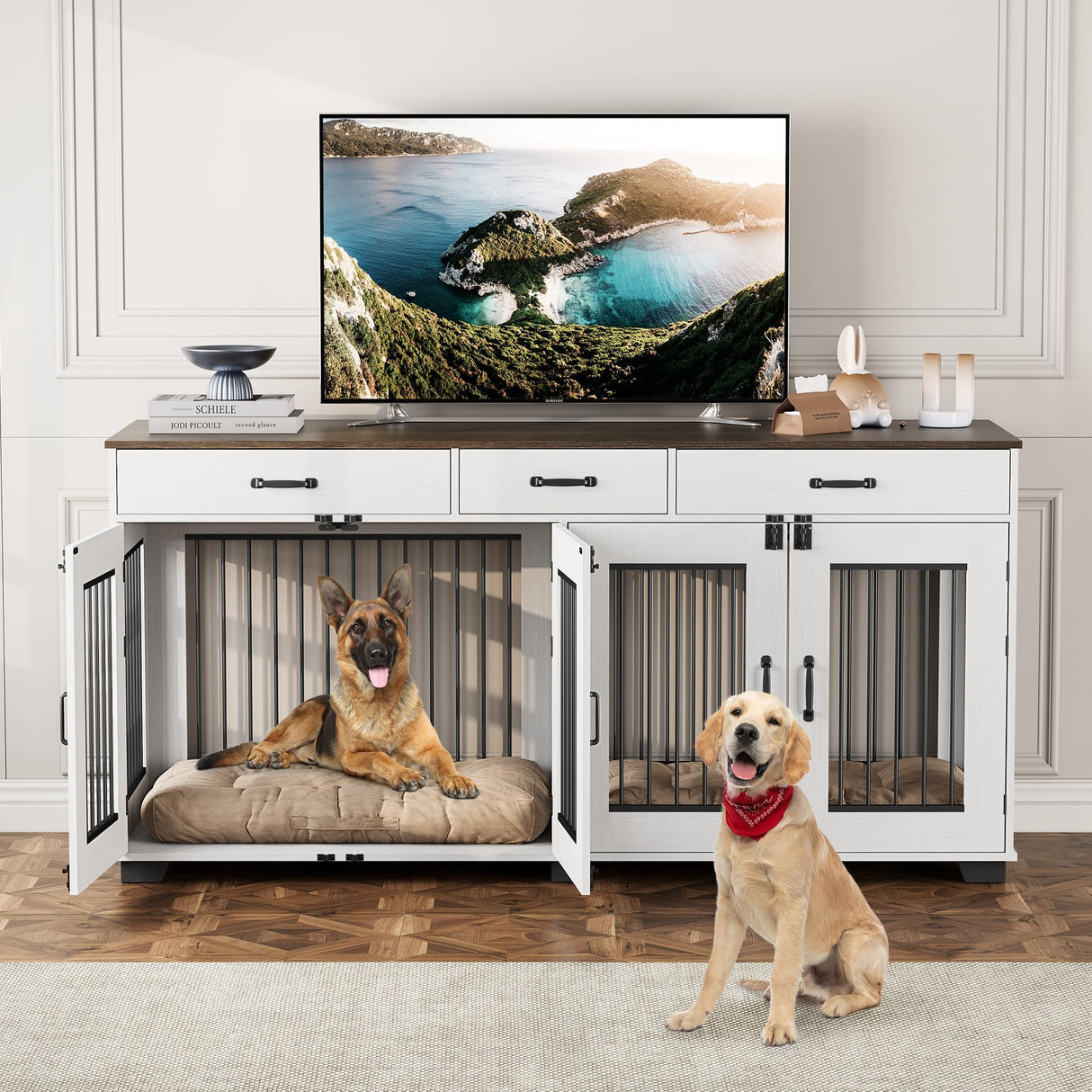 71" Double Dog Crate Furniture with Storage Drawers