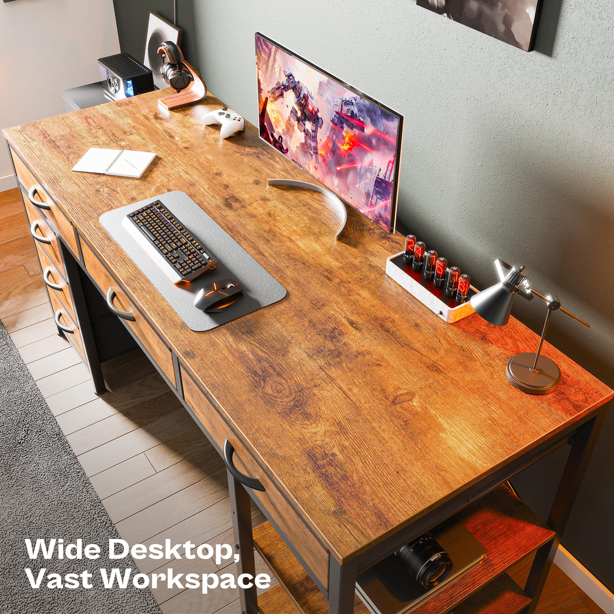 Huuger Computer Desk with 6 Drawers, 54 Inch Office Desk with Shelves, Reversible Gaming Desk, Corner Desk with Storage, Work Desk for Home Office, Study, Living Room, Rustic Brown
