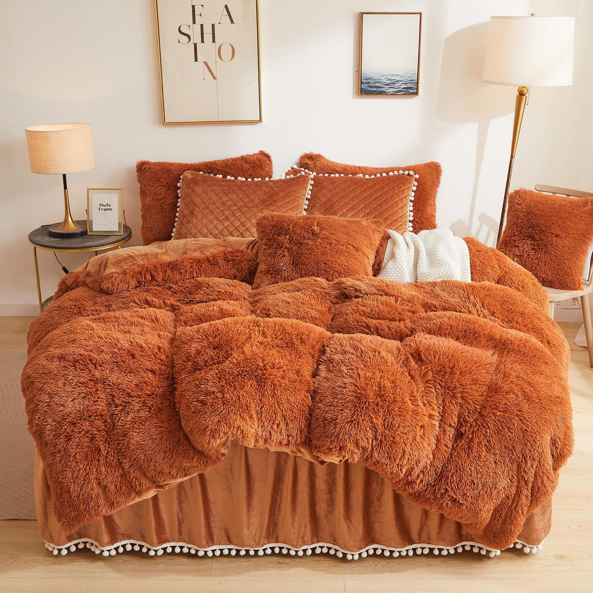 Terracotta Plush Shaggy Duvet Cover Set, Soft Velvet Fluffy Comforter Quilt Cover Bedding Set(1 Faux Fur Fuzzy Duvet Cover + 2 Pompoms Pillow Cases), Zipper Closure(King, Burnt Orange)