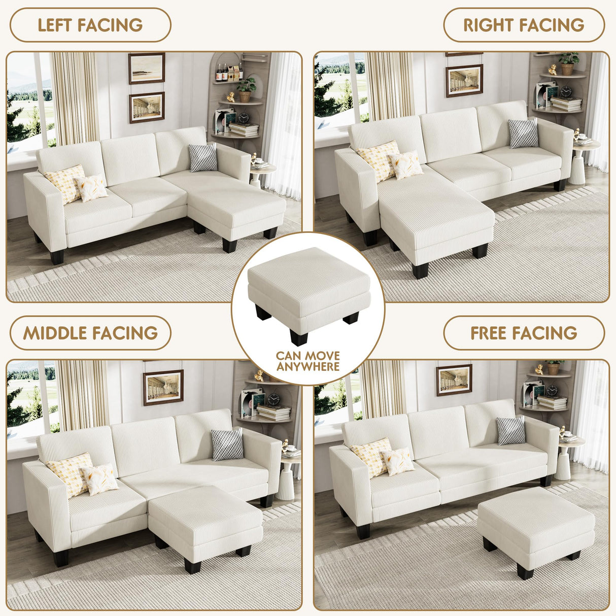 YESHOMY L-Shaped Convertible Sectional Sofa 3 Seater with Corduroy Fabric, Complete with Mobile Footrest, for Living Room, Apartment and Office, 70", Beige