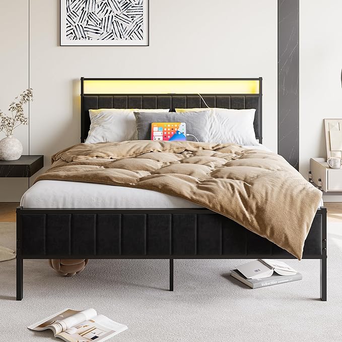 Full Size Bed Frame with Headboard & LED Lights,Upholstered Platform Bed Frame Full Size with Charging Station