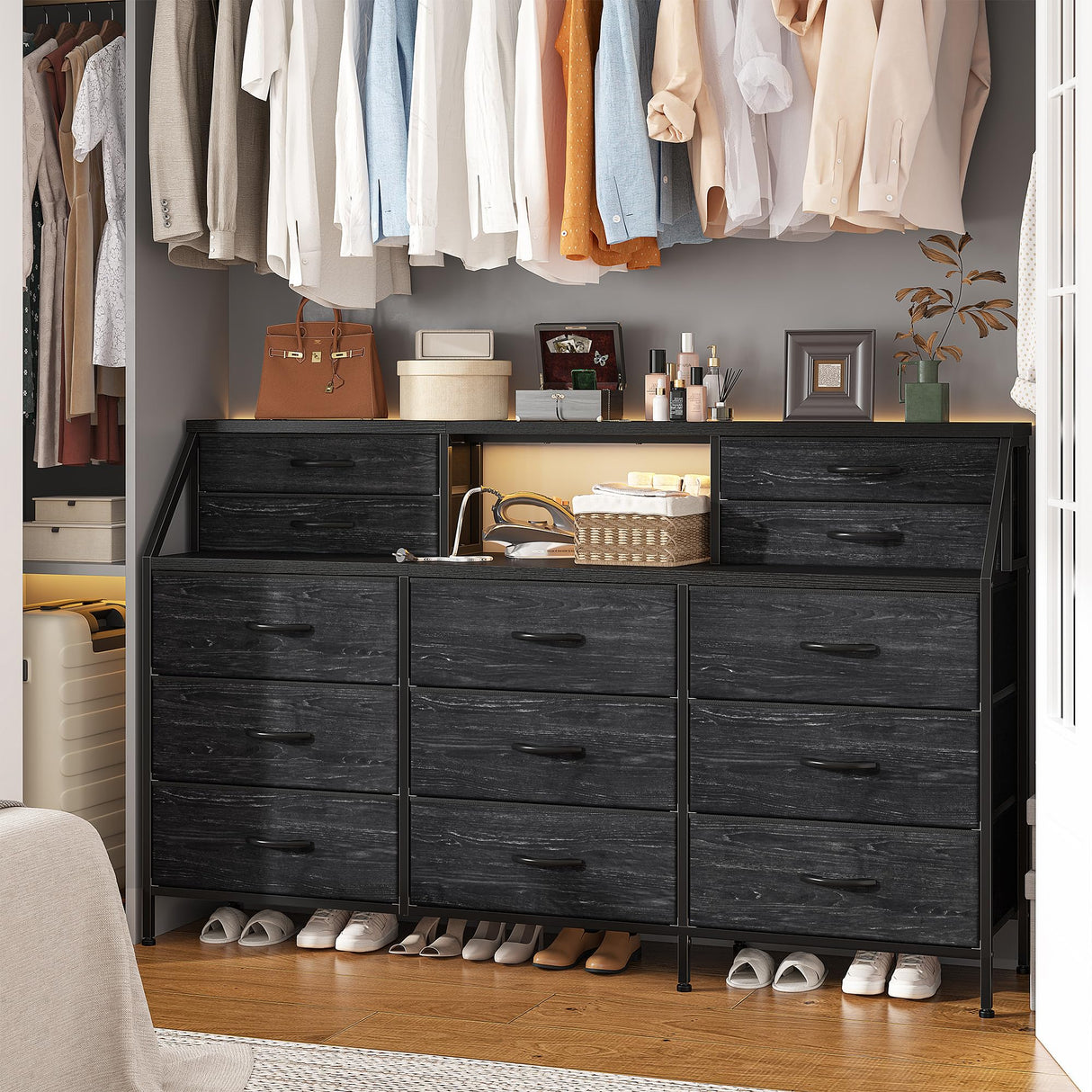 55”W Black Dresser, Dresser for Bedroom, Dresser with 13 Large Drawer