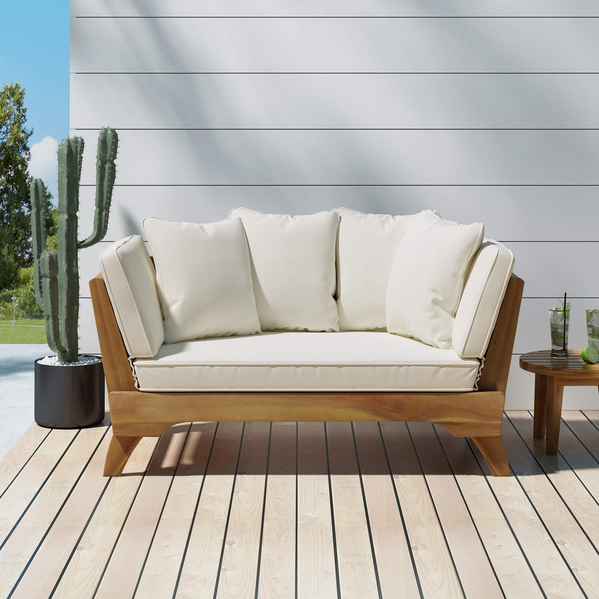 Patrick Outdoor Acacia Wood Expandable Daybed with Water Resistant Cushions, Teak