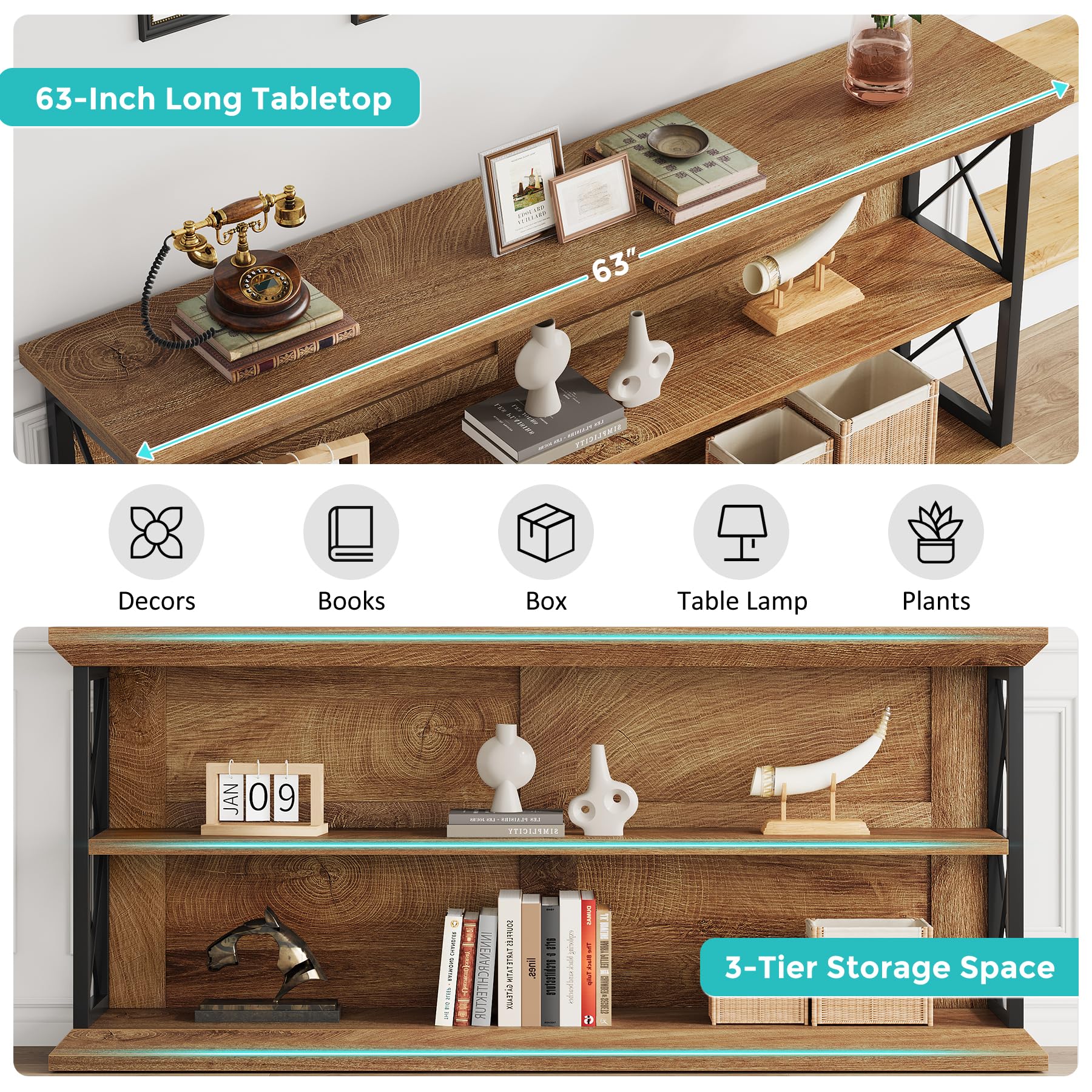 63 Inch Console Table with 3-Tier Storage - Oak Brown