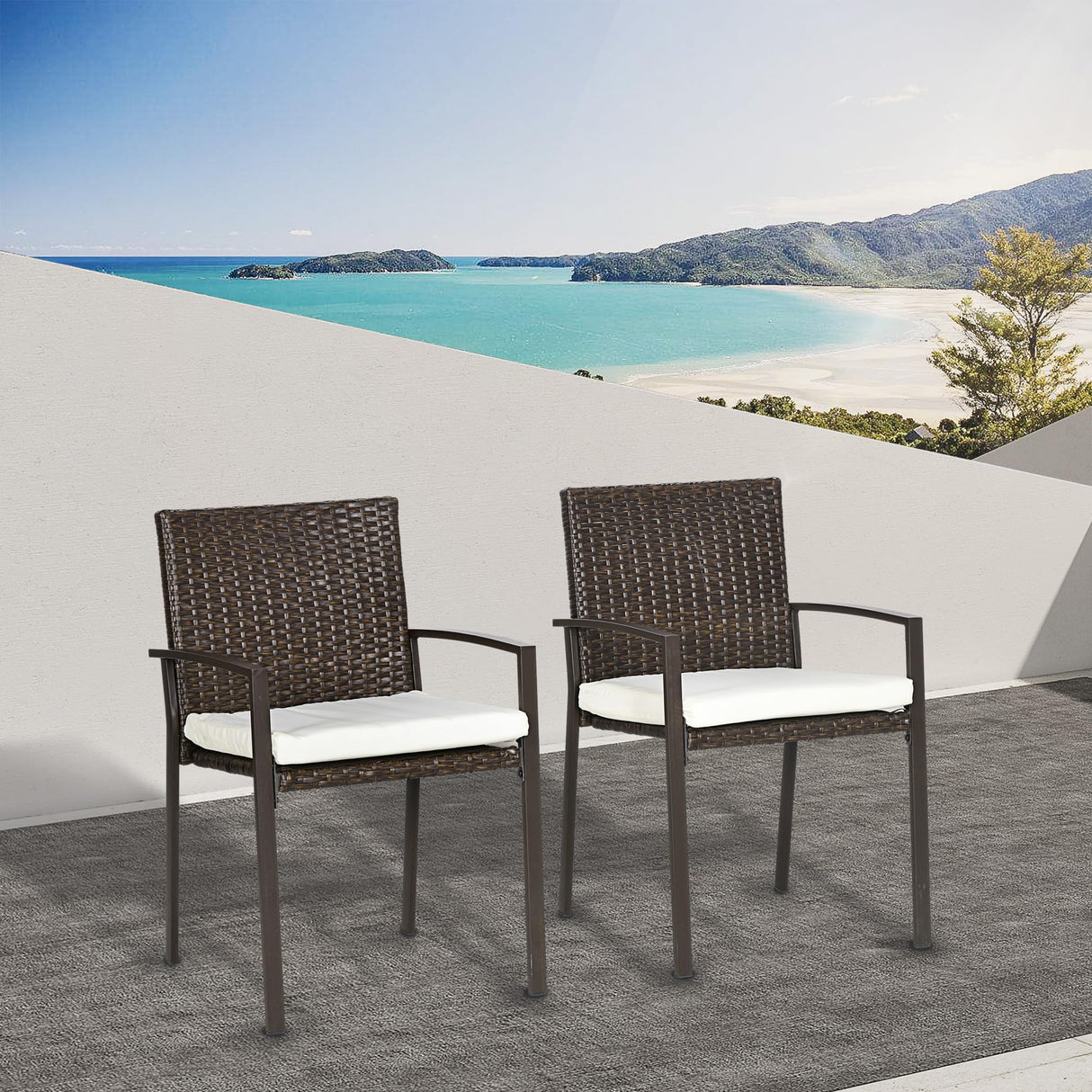 2 Piece PE Rattan Outdoor Dining Chairs with Cushion, Patio Wicker Dining Chair Set