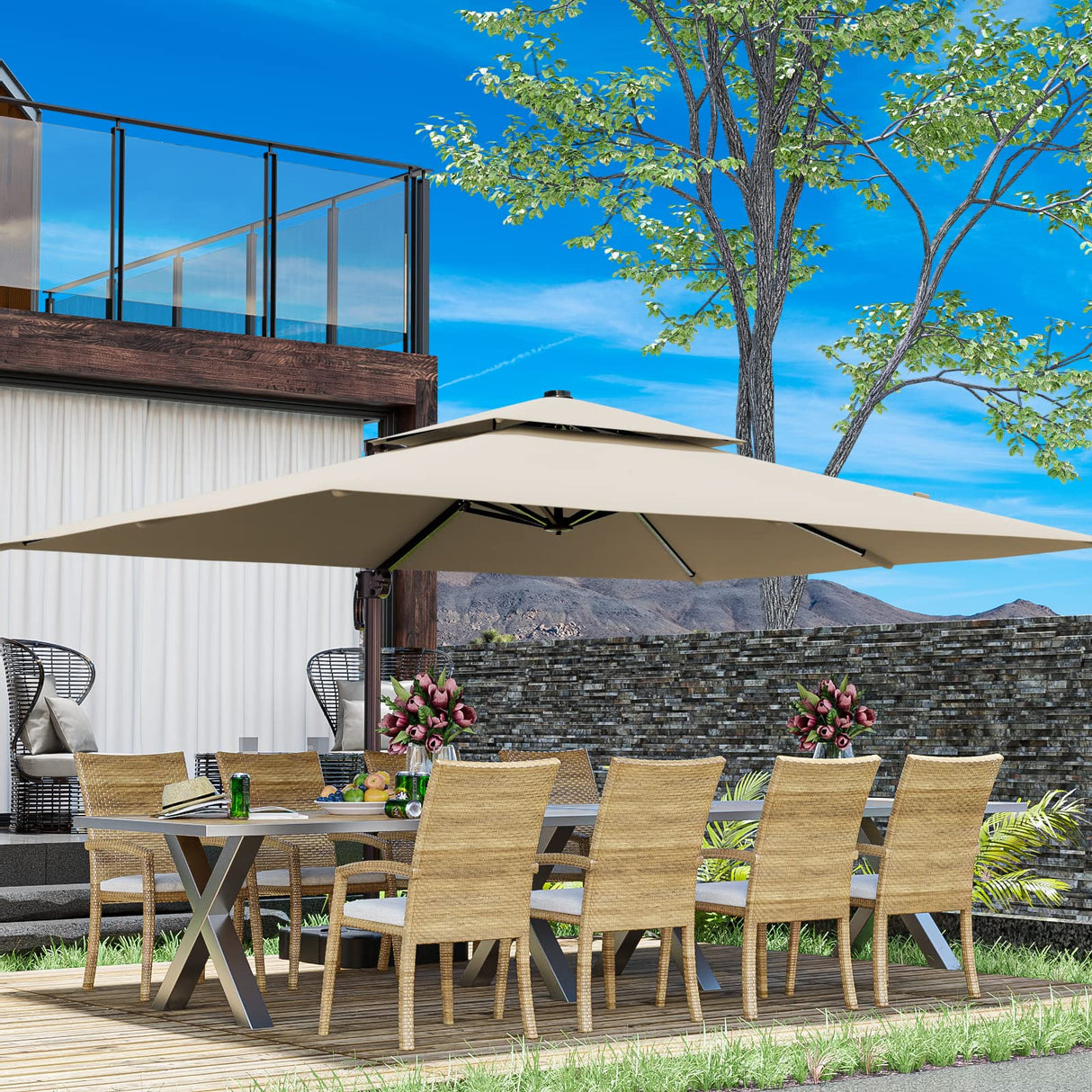 10x13FT Cantilever Outdoor Patio Umbrellas, Double Top Large Rectangle Umbrella