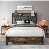 Twin Bed with Upholstered Storage Headboard and Charging Station