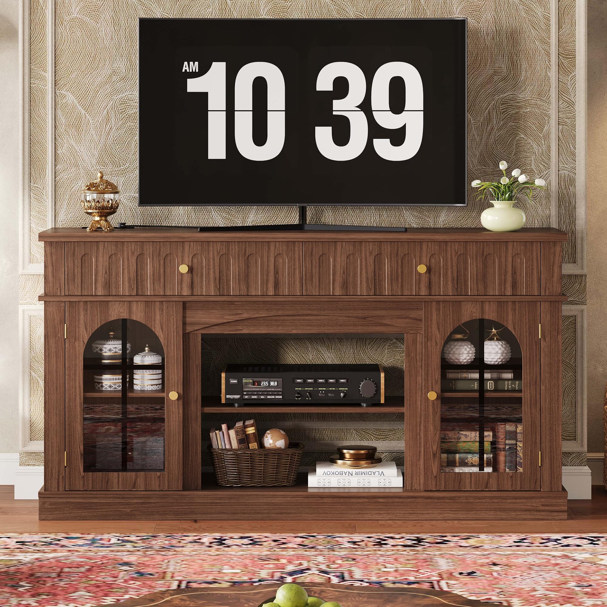 Mid-Century Modern TV Stand with Charging Station - 65 Inch Entertainment Center