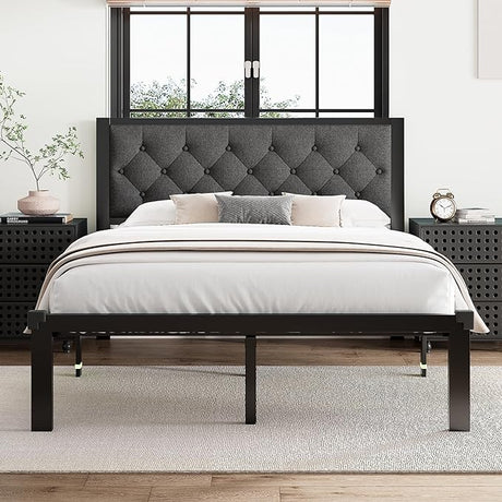 Queen Bed Frame, Metal Platform Bed Frame with Button Tufted Linen Upholstered Headboard,