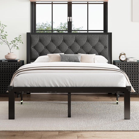 Queen Bed Frame, Metal Platform Bed Frame with Button Tufted Linen Upholstered Headboard,