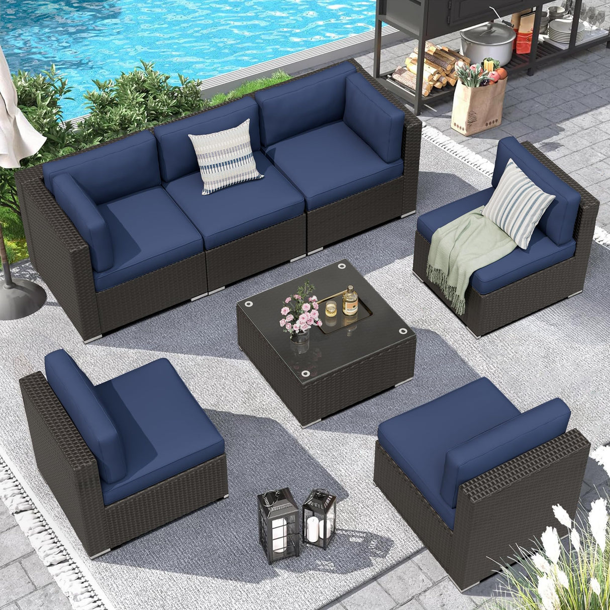 Outdoor Patio Furniture Set 7-Piece All-Weather Sectional Sofa Outside Couch