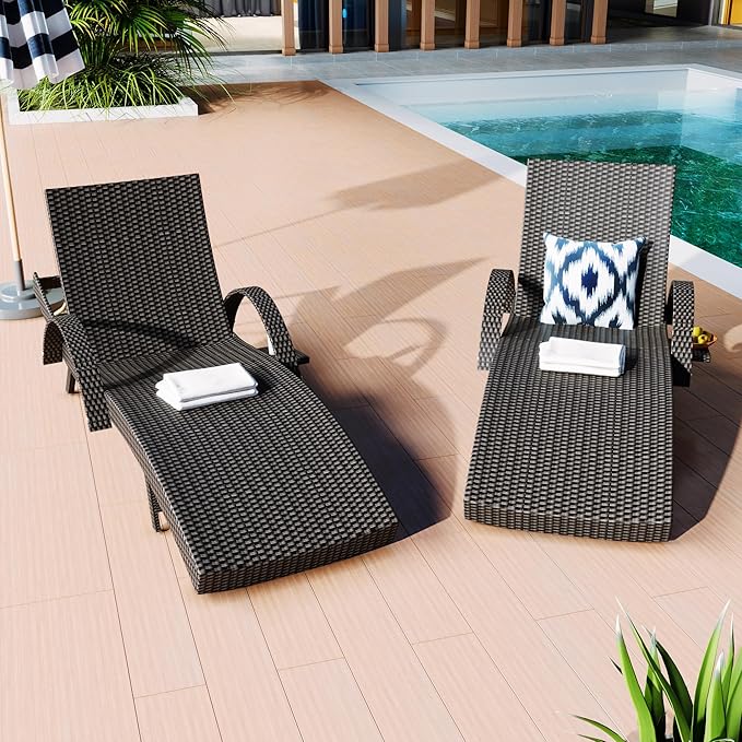 Outdoor Wicker Chaise Lounge Set of 2, Patio Rattan Furniture Reclining Chair Set