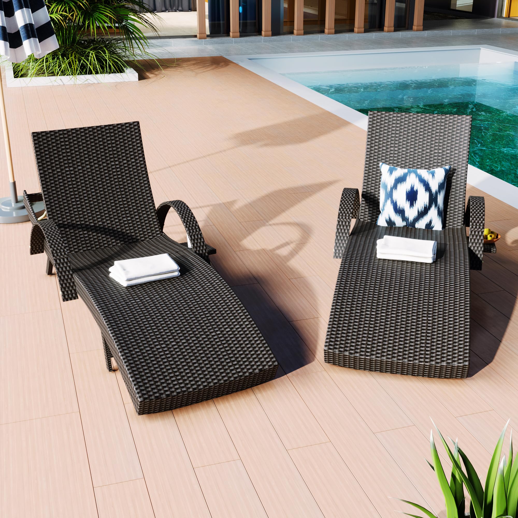 Outdoor Wicker Chaise Lounge Set of 2, Patio Rattan Furniture Reclining Chair Set