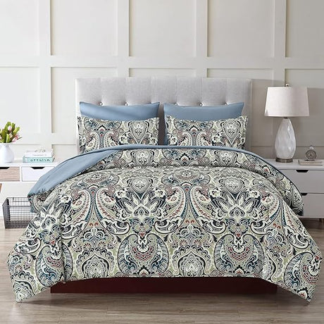 Paisley Comforter Set Queen,  Bed in a Bag Comforter Boho Paisley Pattern Bedding