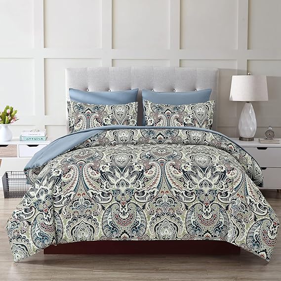 Blue Comforter Set  Damask Pattern Bed in a Bag Boho Paisley Bedding