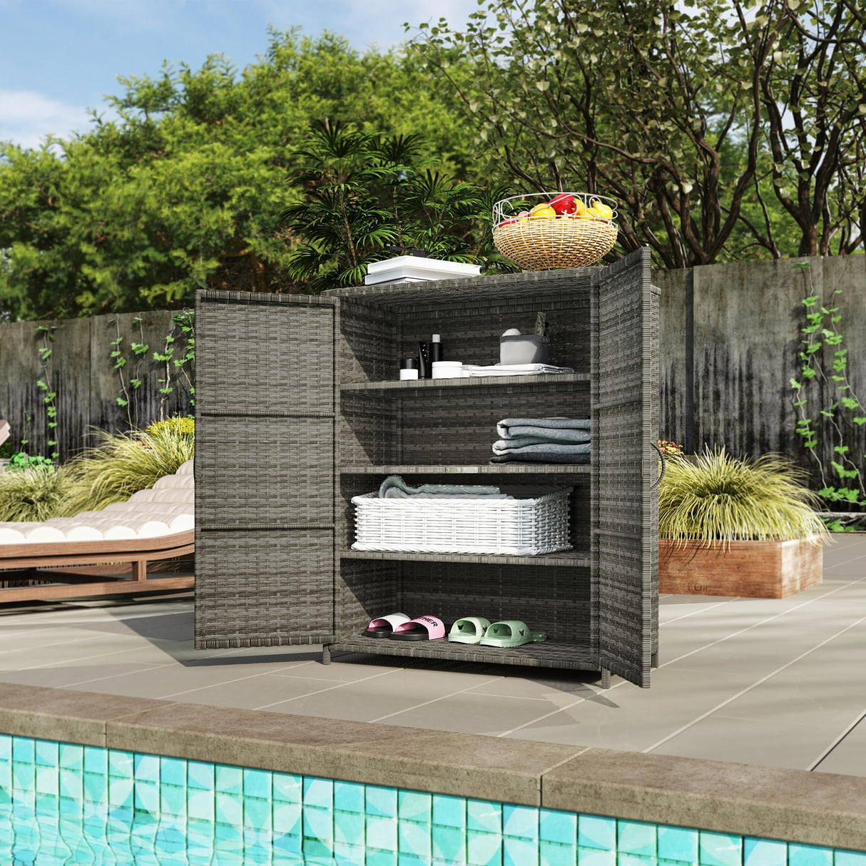 Wicker Outdoor Storage Cabinet with Shelves, 4-Shelf Outdoor Pool Towel Cabinet