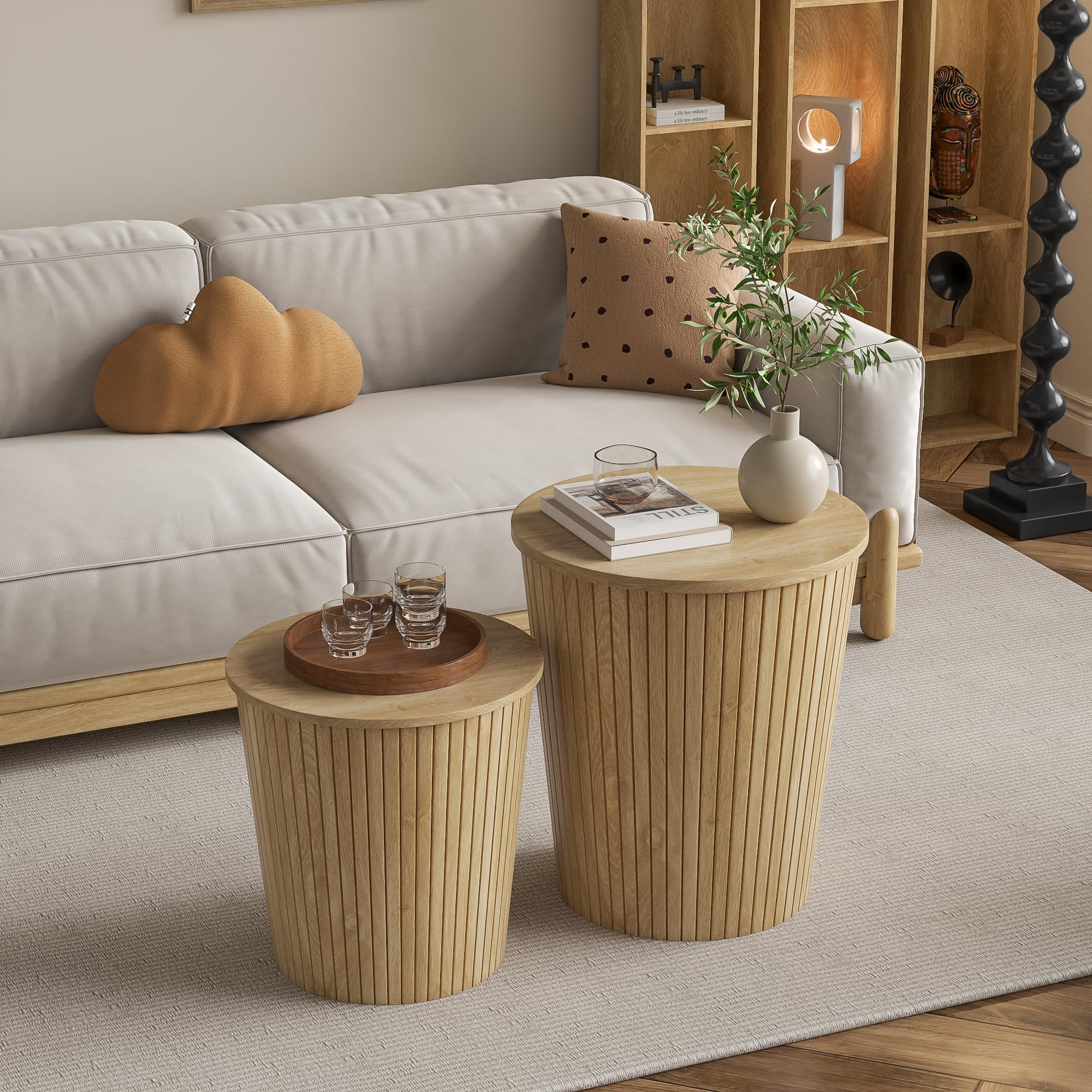 Nesting Coffee Table Set of 2, Round End Table with Storage, Farmhouse Side Table