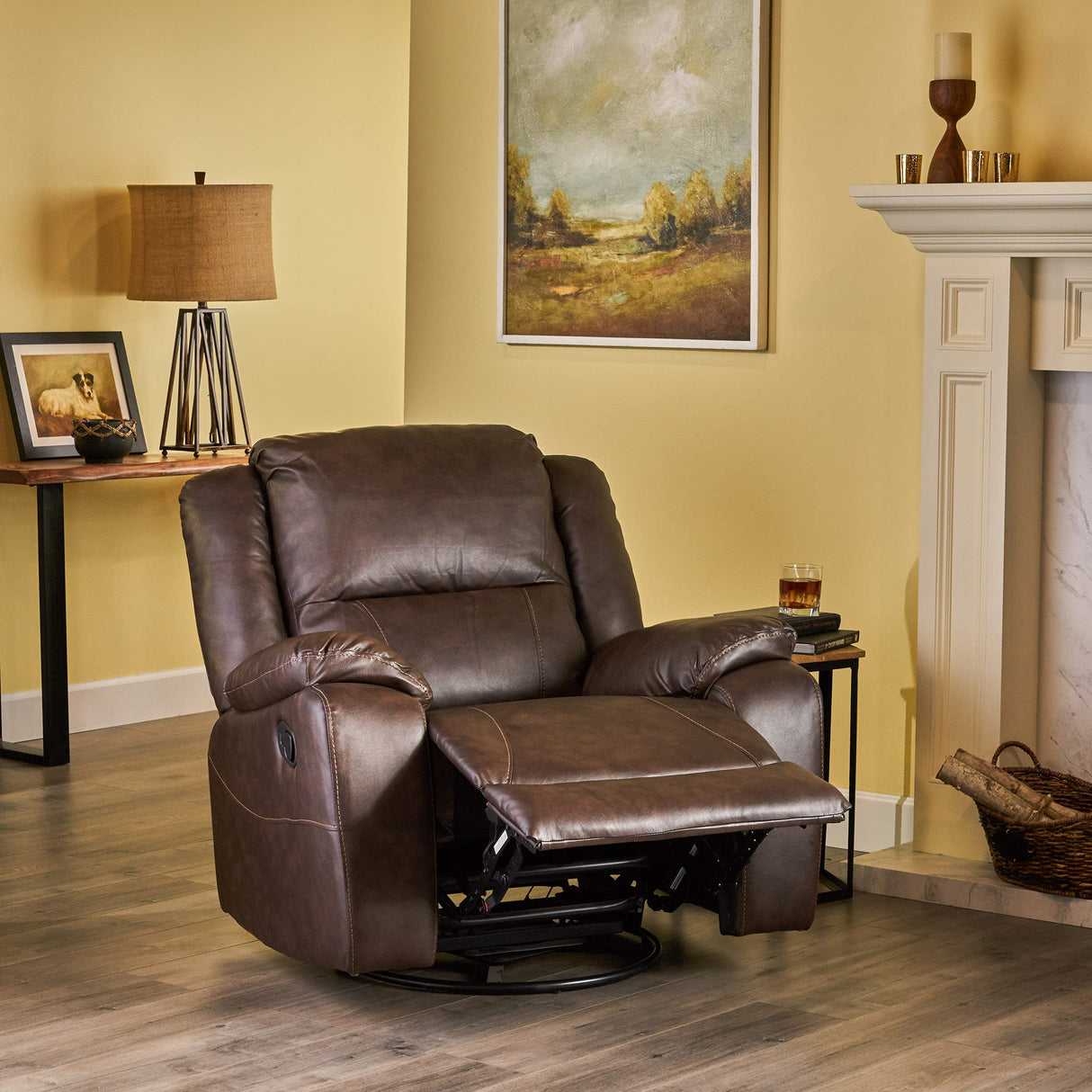 304566 Teresa Classic Tufted Leather Swivel Recliner, Dark Brown/Black