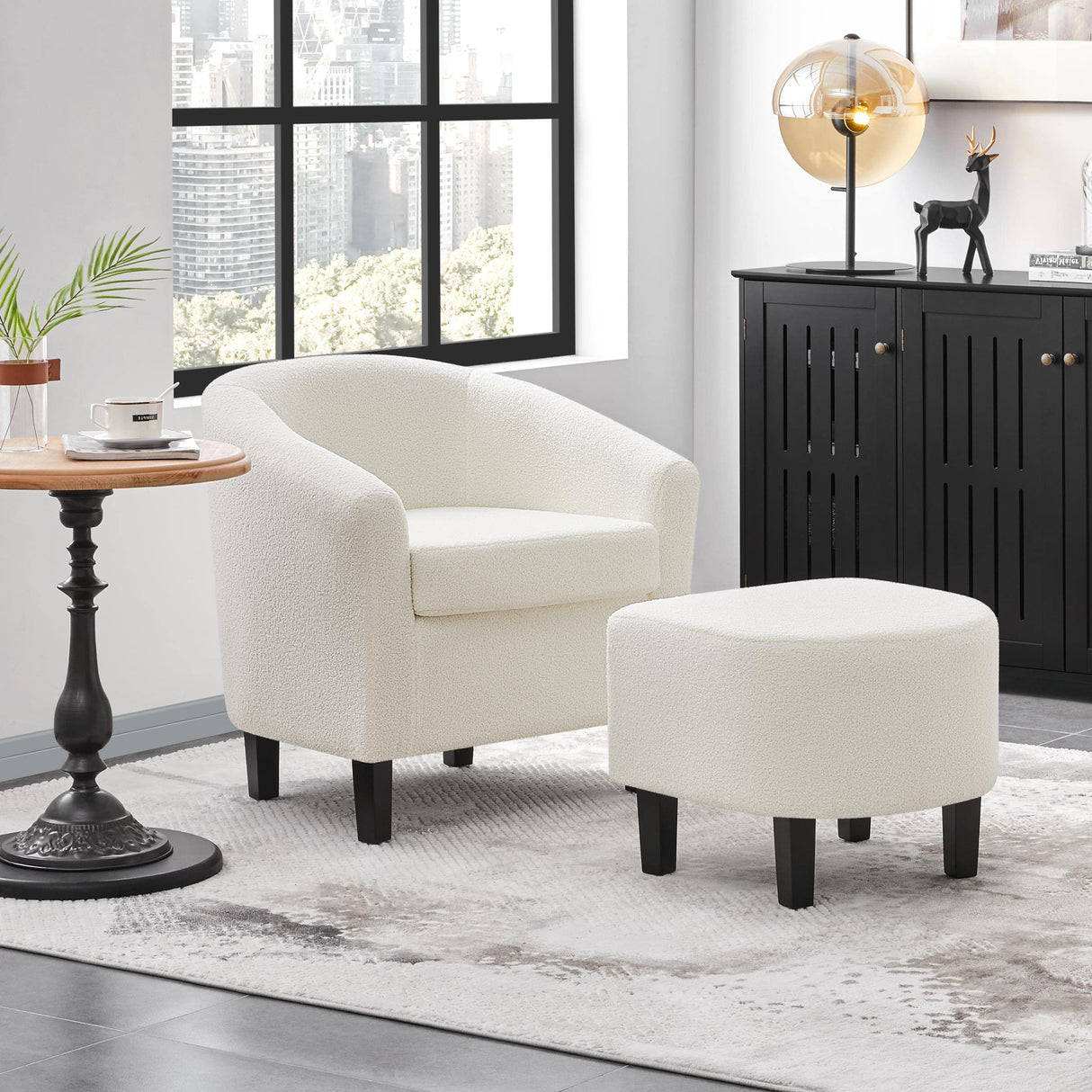 Accent Chair and Ottoman Set, Modern Fuzzy Sherpa Barrel Chair and Footrest, Comfy