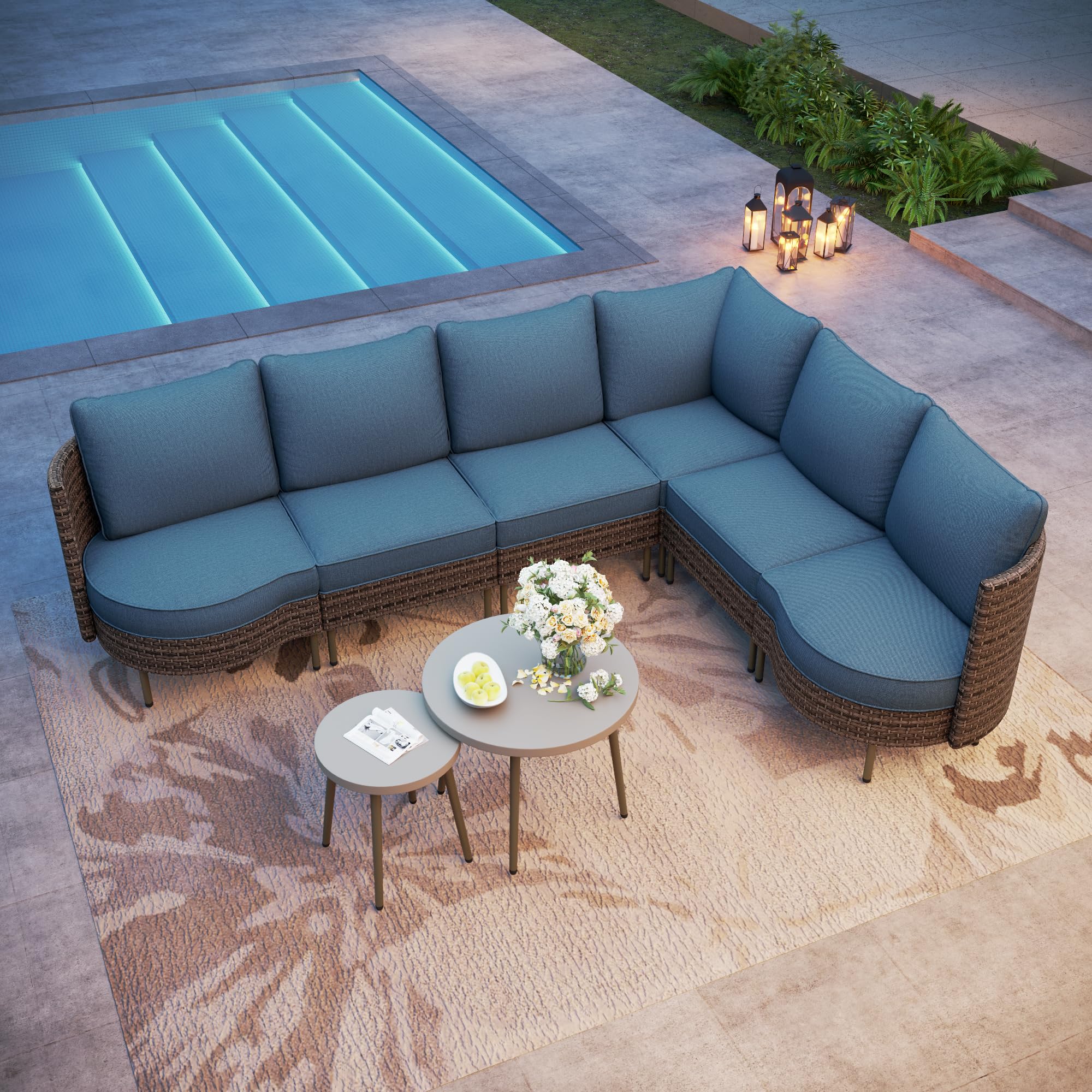 Outdoor Sectional Furniture Set, All-Weather Outdoor Wicker Sectional Sofa 6-Seats Patio
