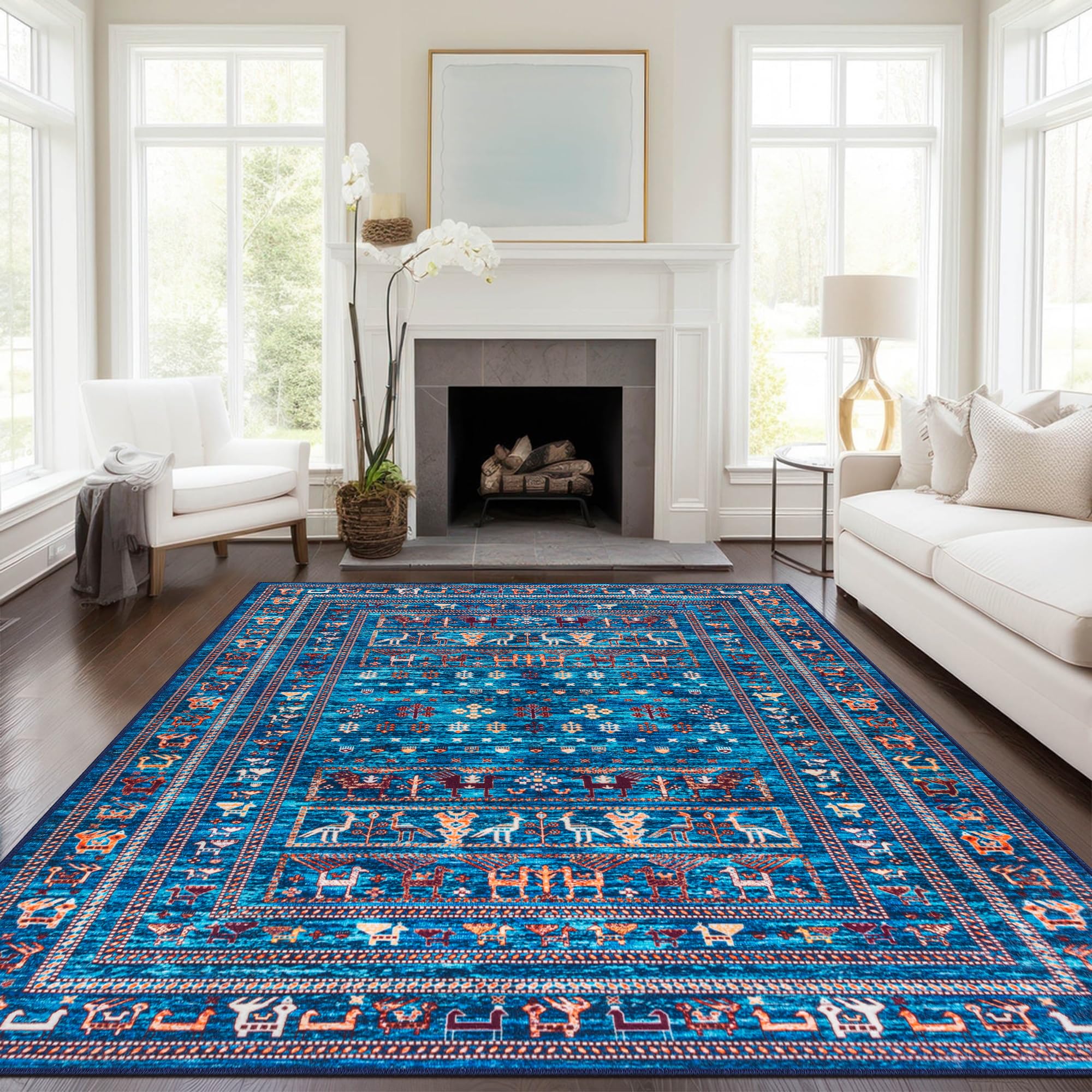 Washable Rugs 5x7, Boho Rug Soft Navy Blue Rug for Living Room, Stain Resistant Vintage