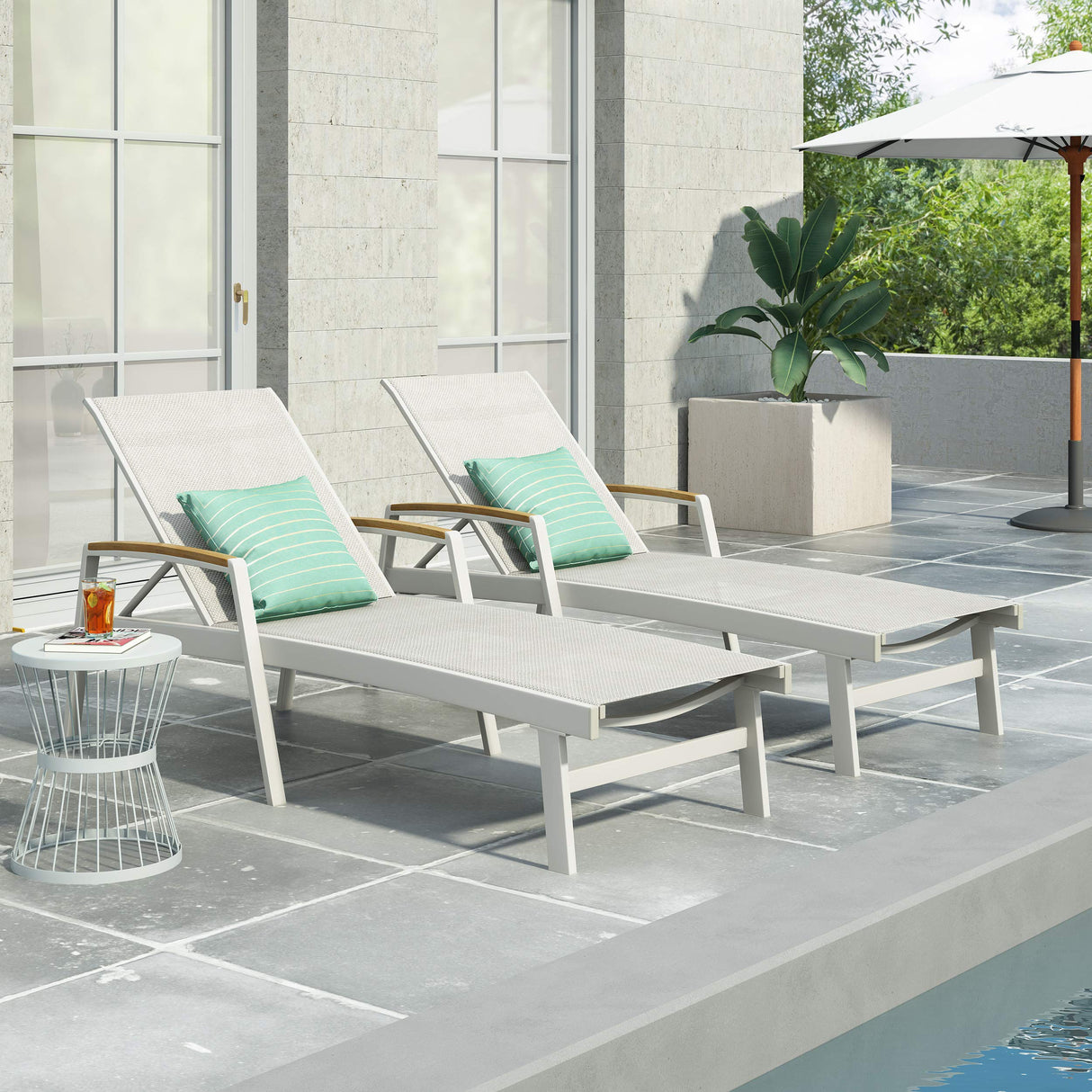 Teresa Outdoor Aluminum Chaise Lounge with Mesh Seating (Set of 2), White