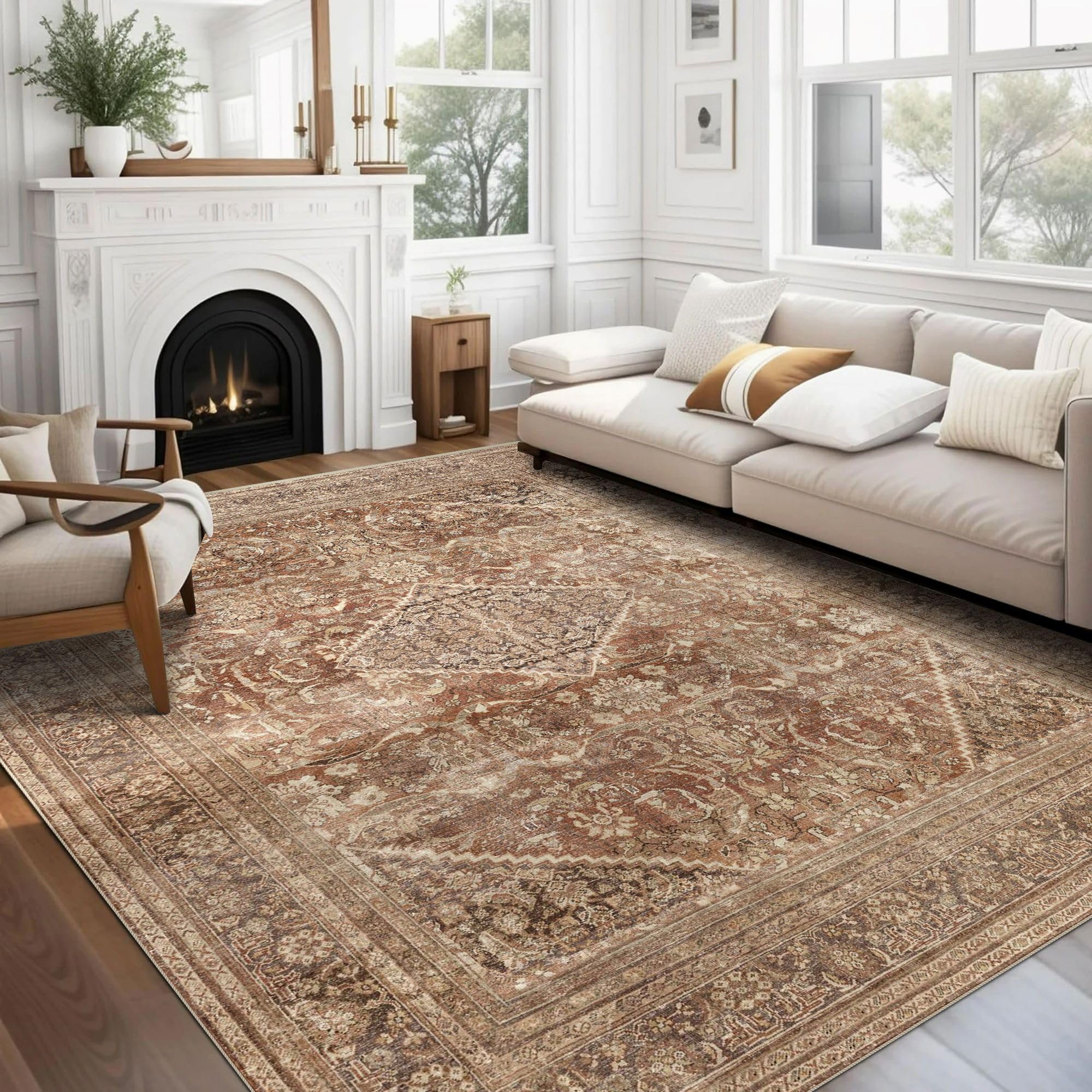 6x9 Area Rugs, Stain Resistant Washable Rug for Living Room, Vintage Inspired Rug