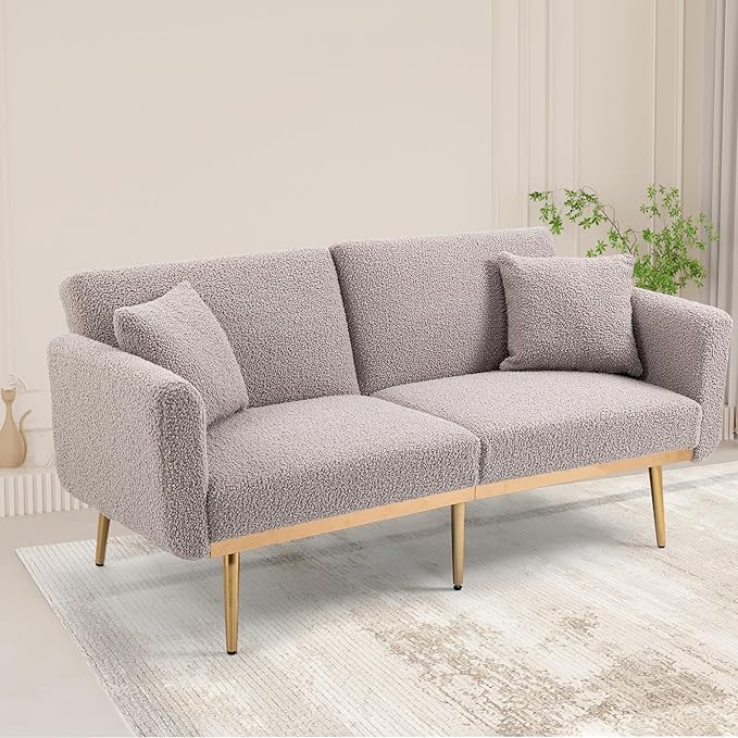 Mid-Century Modern Velvet Loveseat, Petite Accent Sofa Couch with 7 Gold Metal Legs
