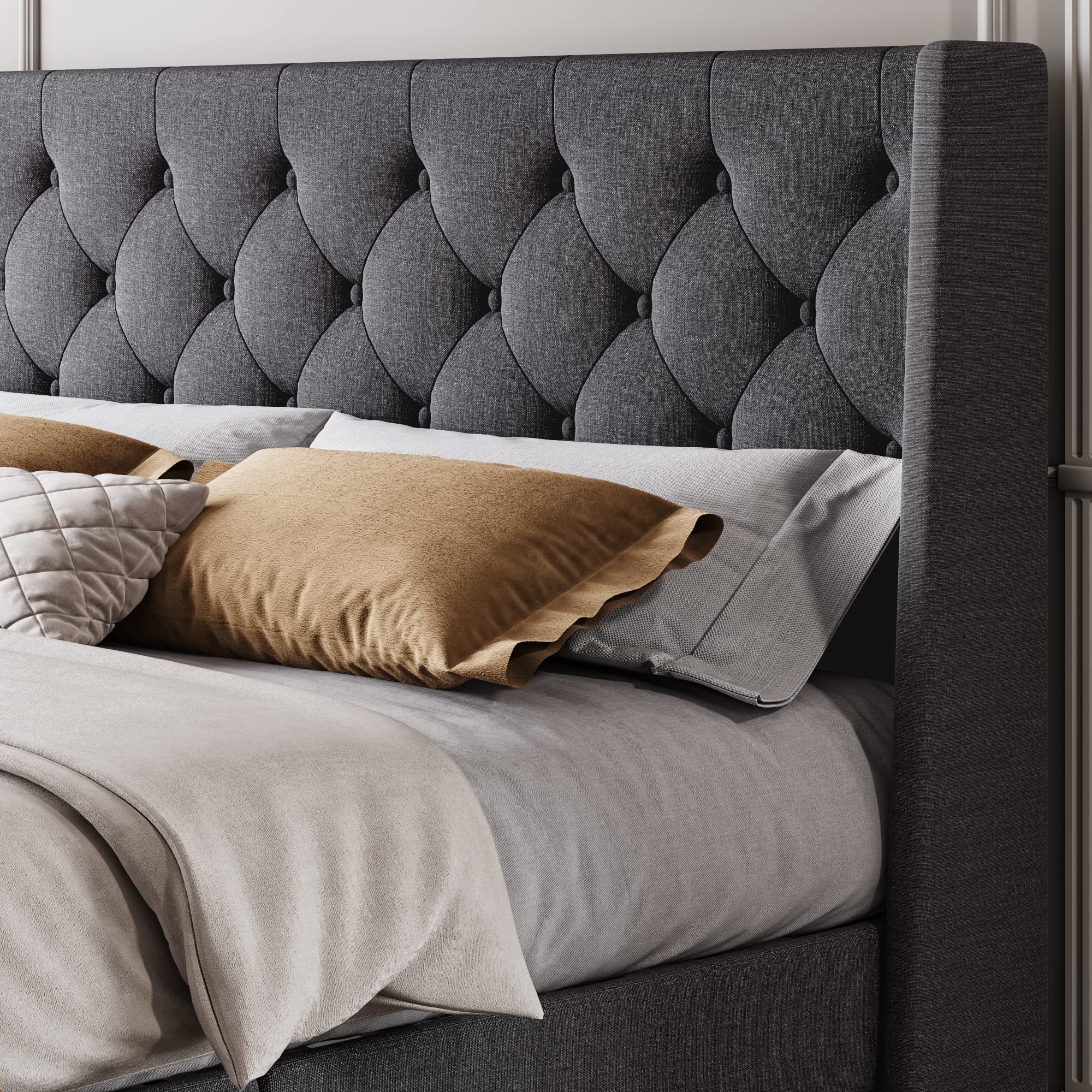 Queen Size Bed Frame, Velvet Upholstered Platform Bed Frame and Headboard with Rivet Decor,