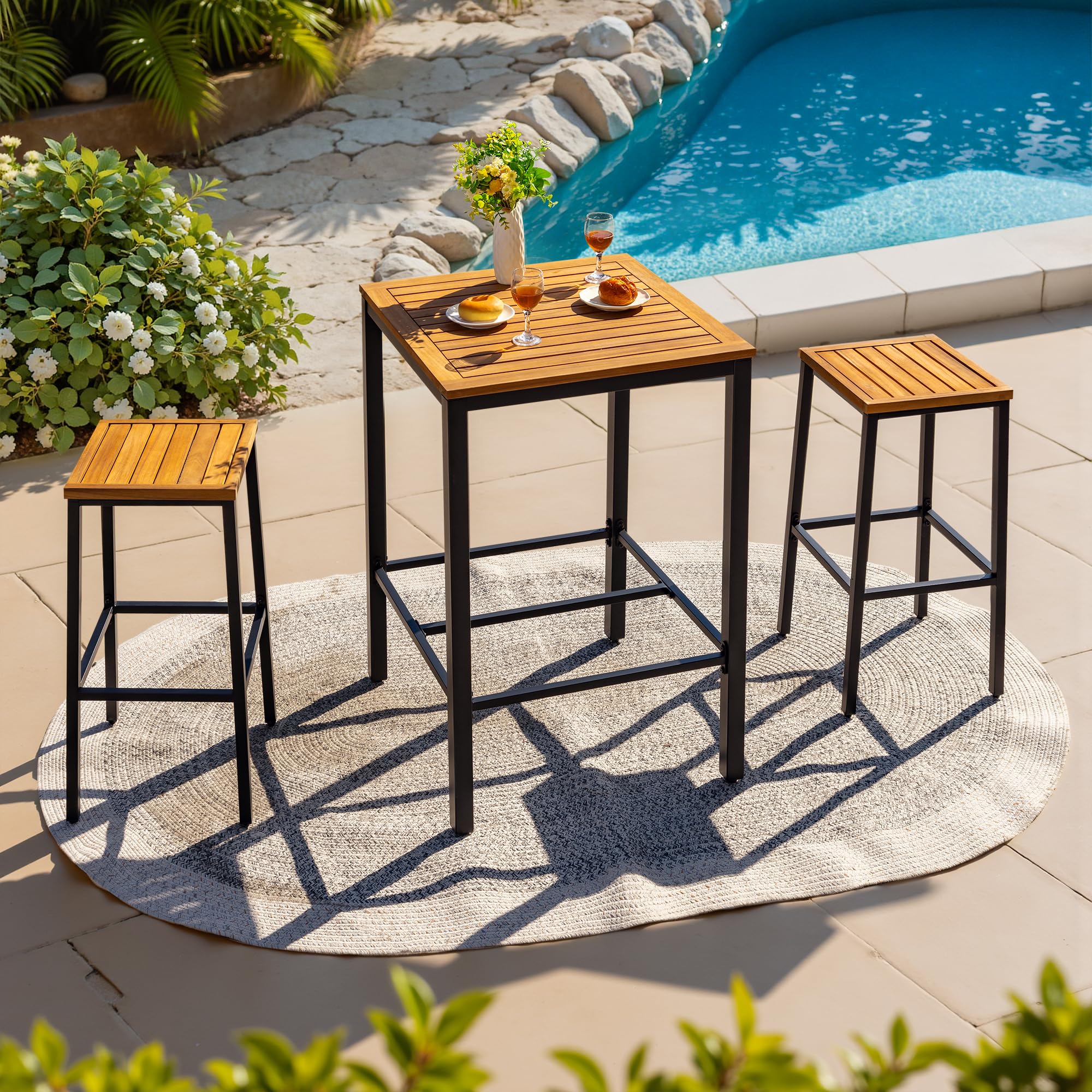 3 Piece Patio Acacia Wood Bar Set with high Table and 2 Chairs All-Weather