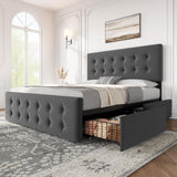 Full Size Bed Frame with 4 Storage Drawers and Adjustable Headboard, Upholstered