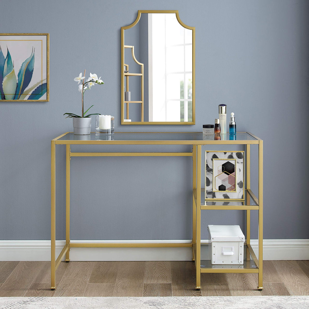 Aimee Small Home Office Vanity Desk with Storage Shelves, Gold