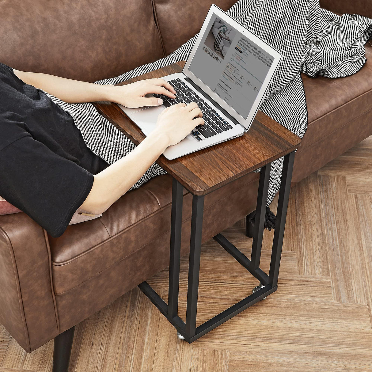 End Table, C Shaped TV Tray with Metal Frame Rolling Casters, Industrial Side Table for Living Room