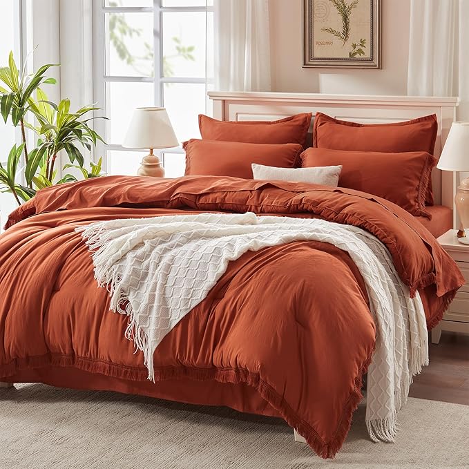 Beige Comforter Set King Size with Sheets -7 Pieces Boho Tassel Bed in a Bag Soft