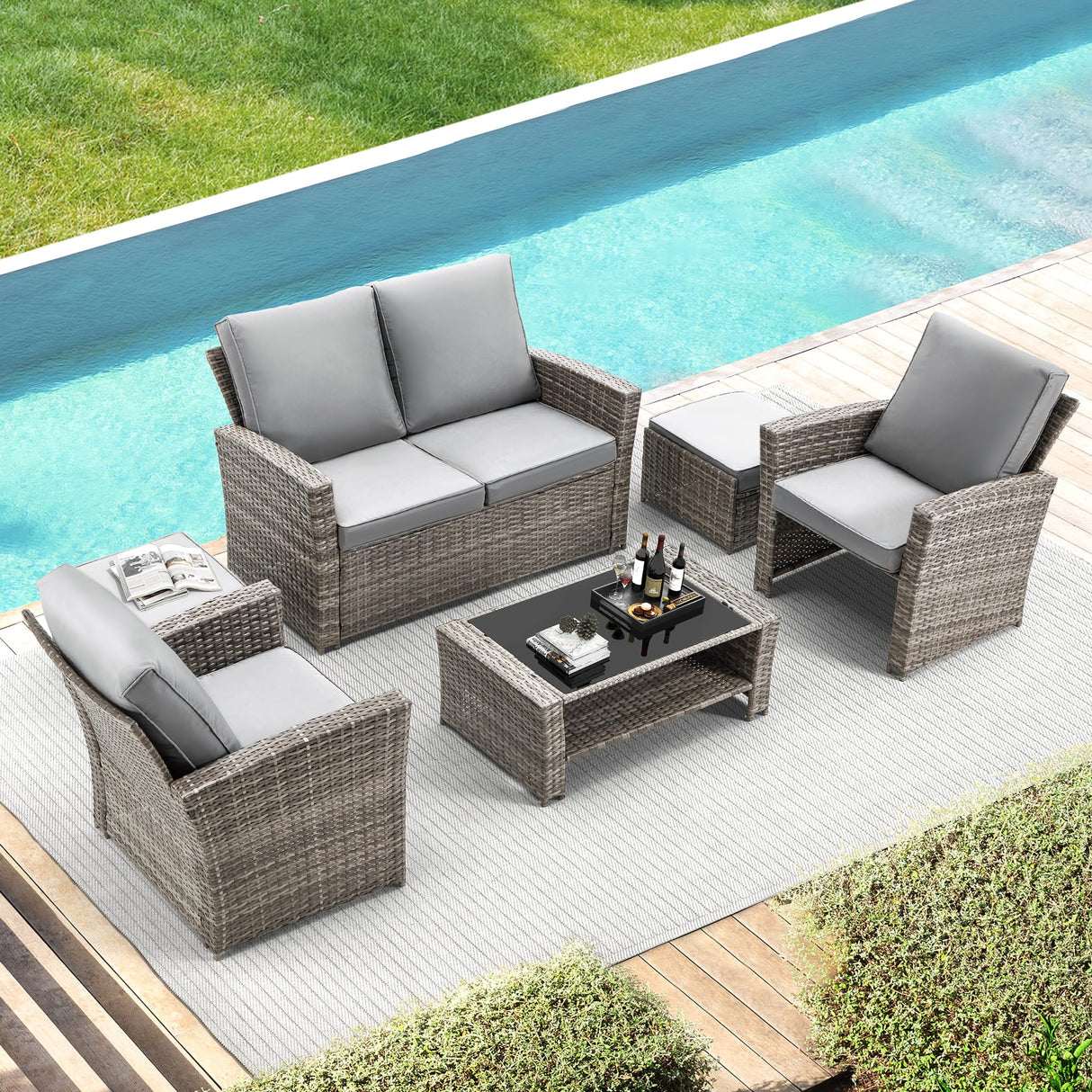 6 Pieces Patio Furniture Set, Outdoor Sectional Conversation Rattan Sofa Set