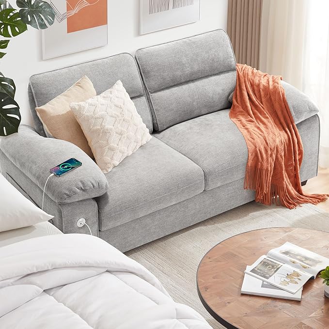 Sofa 70 Inch Loveseat with USB/Type-C Charging Port & Side Pocket, Comfy Modern 2-Seats Sofa for Living Room & Bedroom, Removable Medium Firm Sofa Cushion, Breathable Chenille Fabric, Beige