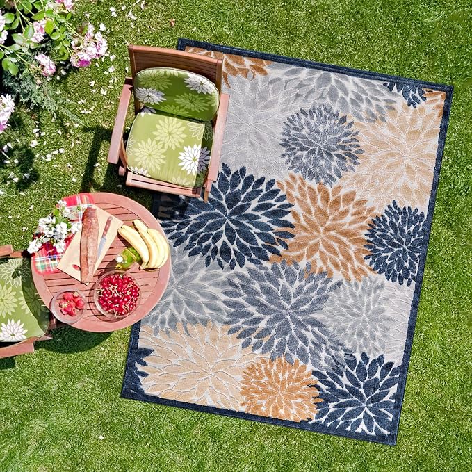 Indoor/Outdoor Rug, Navy Blue 6’x9’ Floral Exotic Tropical Area Rugs for Indoor and Outdoor