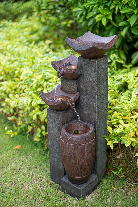 Waterfall Fountain for Outdoor Gardens and Patio Backyards – Includes Energy-Efficient LED