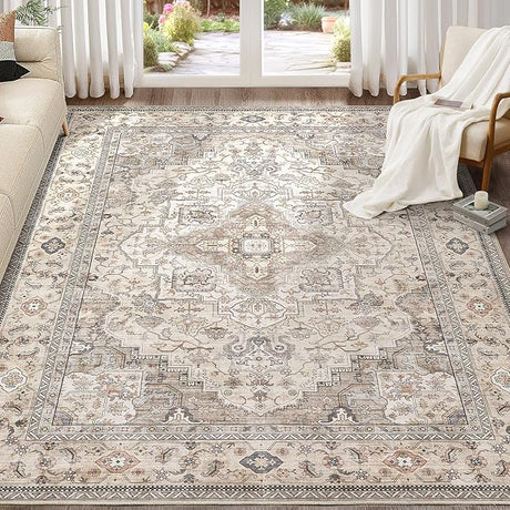 Washable Area Rugs for Living Room - 9x12 Neutral Vintage Distressed Floral Farmhouse