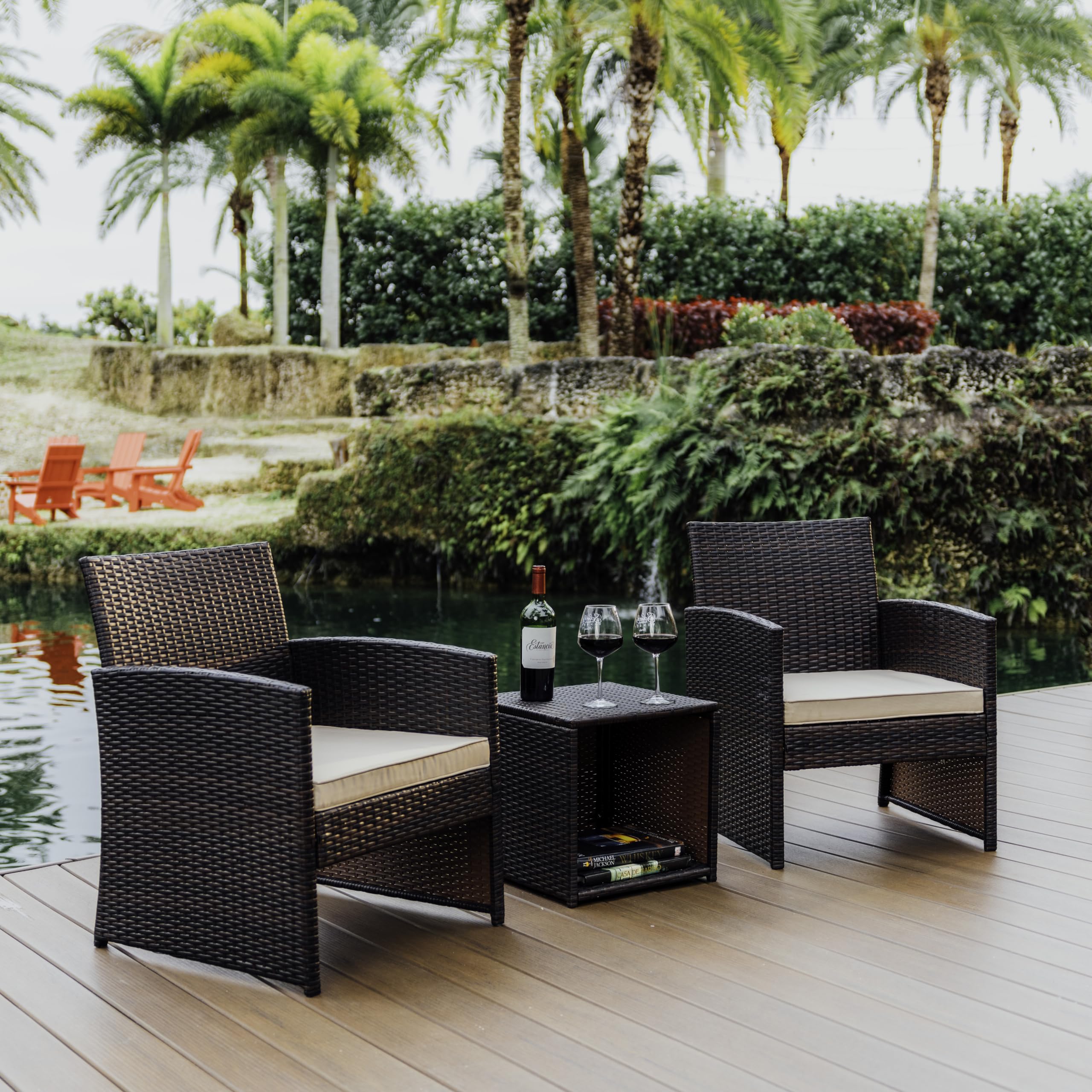 Wicker Outdoor Furniture Set - 3 Piece Patio Bistro Set (Brown/Beige)
