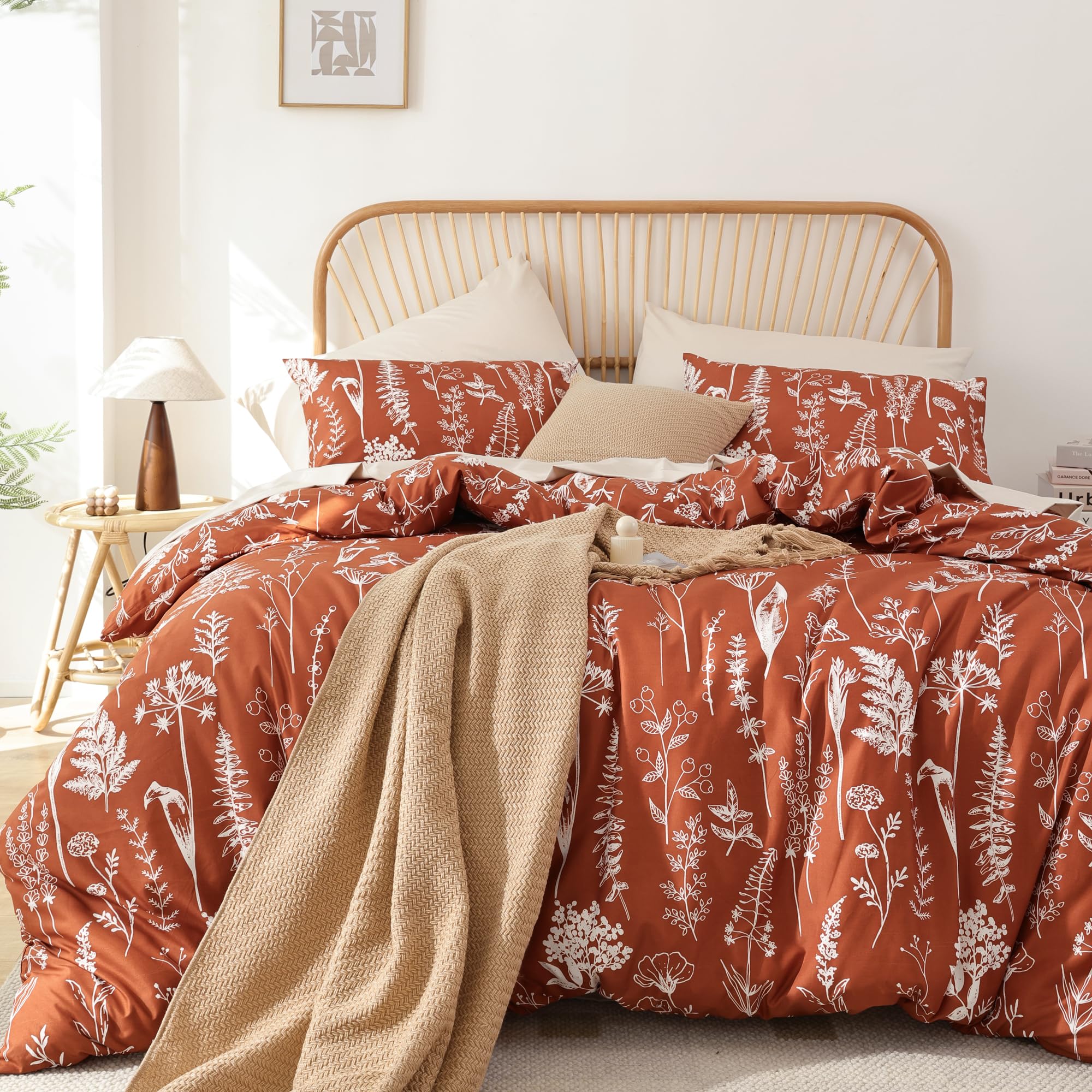 JANZAA Twin Comforter Set - Floral Twin Comforter, Twin Bedding Sets for All Seasons, 2 Pieces, 1 Comforter (66"x90") & 1 Pillow Cases (20"x26"), Terracotta