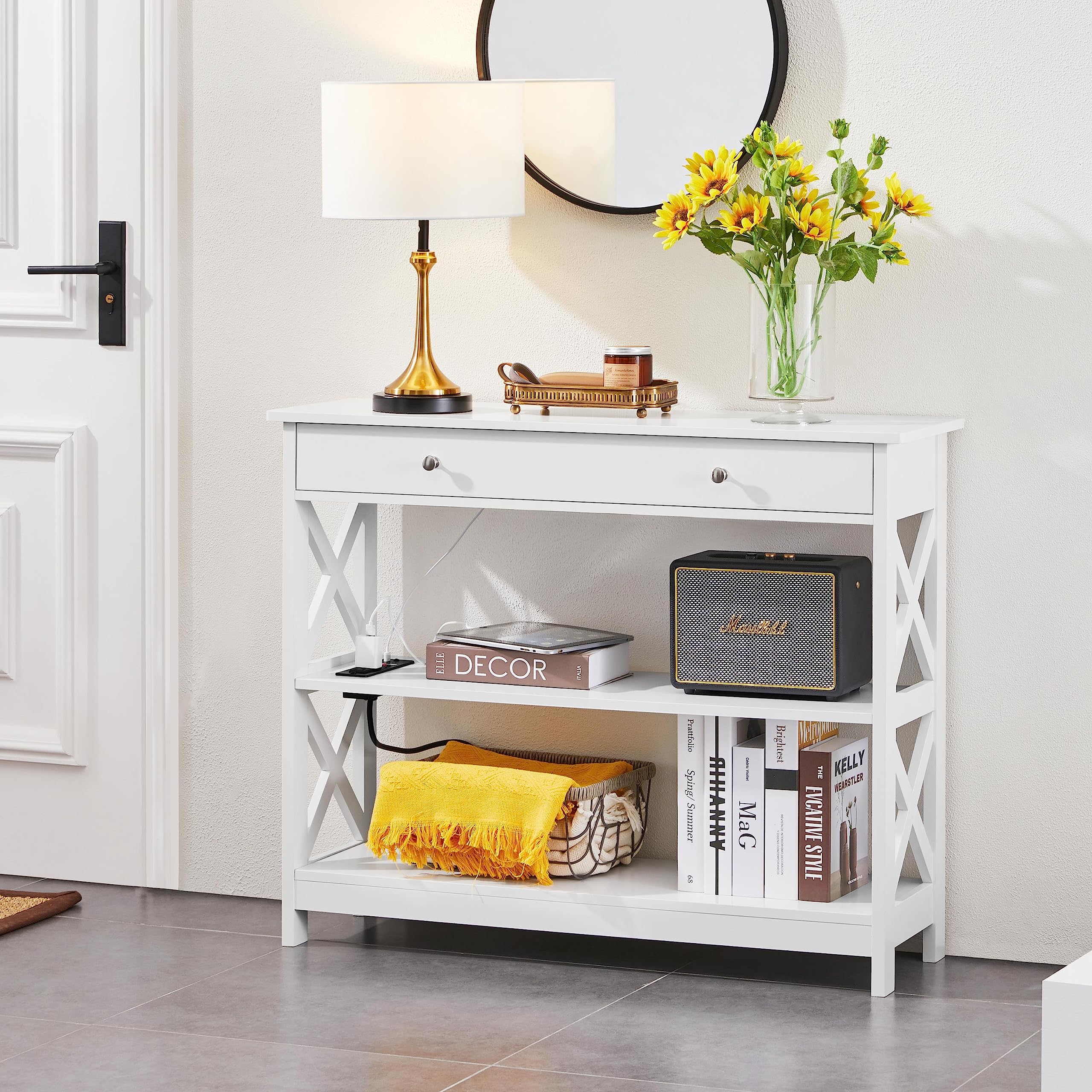 Entryway Table with Drawer, Wood Console Table with Outlets and USB Ports,